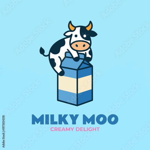 This adorable illustration showcases a cartoon cow perched on a milk carton, delivering a delightful and playful representation of dairy products in a cheerful manner.