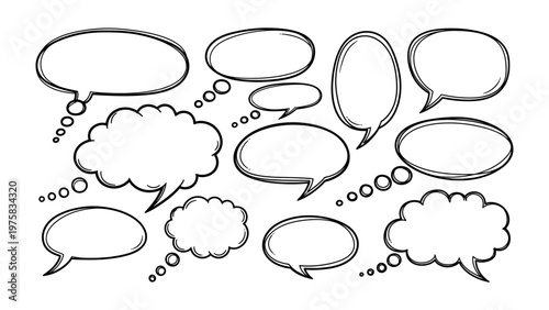 Conversation Bubbles: A collection of various hand-drawn speech bubbles, perfect for conveying thoughts, ideas, and dialogue, ready to inject creativity into design projects.