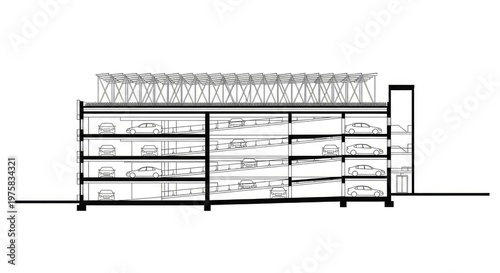 Architectural cross section of a multi level parking structure with ramps and vehicles