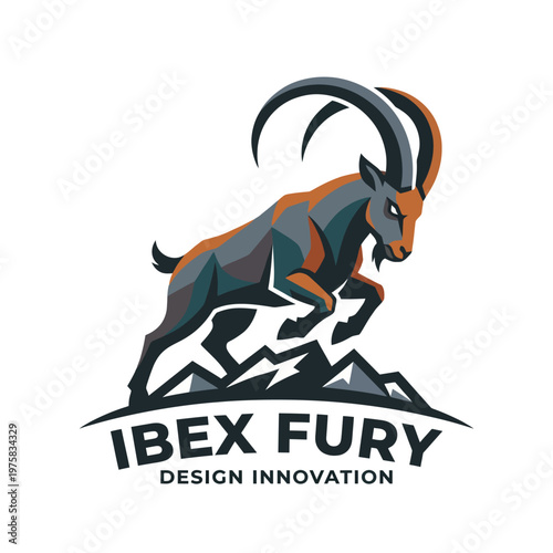 This striking logo features a fierce ibex jumping over mountains, representing strength and design innovation, captured in a modern and stylized artistic approach.