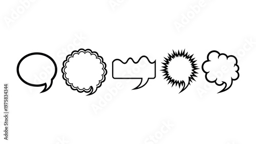 Speech Bubbles Variety: A collection of various stylized speech bubbles, each with a unique shape, offering diverse visual options for conveying dialogue and thoughts.