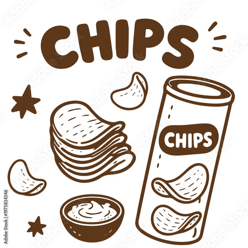 Chips snack pack with potato crisps fast food illustration set
