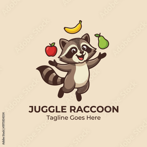 This playful raccoon character embodies joy and fun, juggling colorful fruits such as apples, pears, and bananas in a lively pose that captures the essence of entertainment.