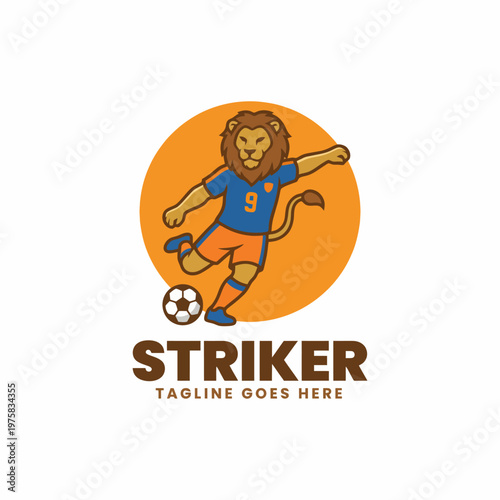 The illustration features a dynamic lion character performing an action kick on a soccer ball, showcasing athletic prowess and the spirited nature of sport and teamwork.