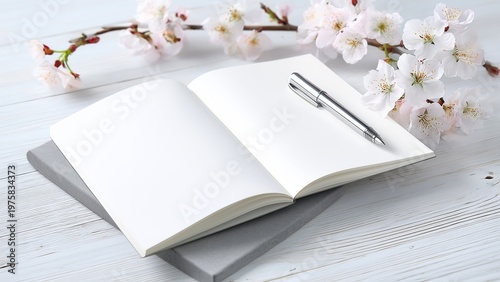 白背景のデスクに開いたノートとペン　桜