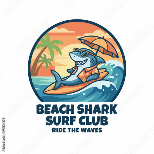 A relaxed shark surfing on a wave while sporting sunglasses and a tropical shirt, epitomizing the laid-back beach lifestyle and fun summer vibes of surf culture.