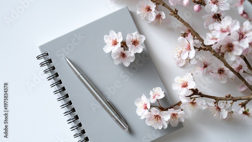 白背景のデスクに開いたノートとペン　桜
