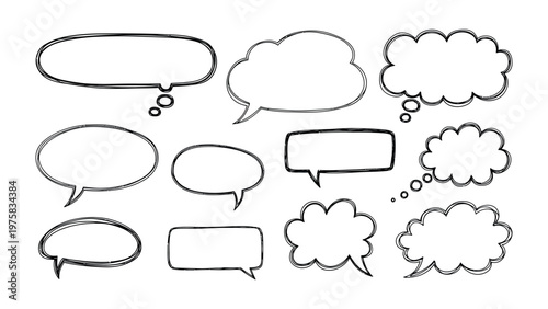 Sketchy Thoughts: A collection of various hand-drawn speech bubbles and thought bubbles.  Ideal for conveying ideas, conversations, and inner thoughts. 