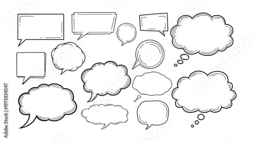 Blank Speech Bubbles: A collection of various empty speech bubbles ready to be filled with thoughts, ideas, and dialogue, perfect for communication and creative expression.