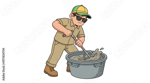 Cartoon Illustration of a Focused Construction Worker Mixing Cement in a Bucket with a Shovel, Wearing Cap and Sunglasses