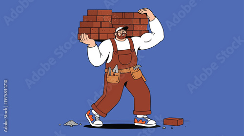 Dedicated Builder Hauling a Stack of Bricks, Representing Construction, Labor, and Strength in a Modern Illustration