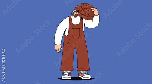 Illustrated Construction Worker Carrying Bricks: Strong Builder in Overalls Demonstrates Hard Work and Dedication