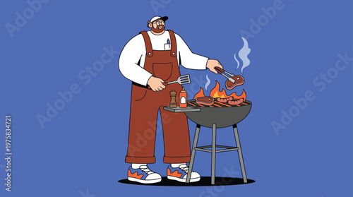 Bearded Man Grilling Steaks and Sausages on a Charcoal BBQ. Cartoon Illustration of Outdoor Summer Cooking