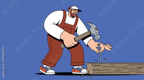 Handyman Illustration: Man Skillfully Hammering a Nail into a Wooden Beam for Construction or DIY