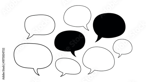 Dialogue Bubbles: A collection of various speech bubbles, some filled and others empty, suggesting communication and diverse conversations.