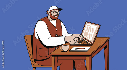 Focused Bearded Man in Casual Attire Working Diligently on Laptop at a Wooden Desk with Coffee, Flat Illustration Style