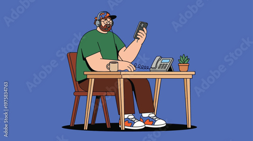 Modern Man in Headphones Engaged in Video Call or Online Meeting, Working Remotely at Desk with Smartphone and Landline Phone