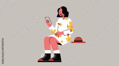 Modern Woman in Floral Dress and Headset Engaged in Online Communication Using Smartphone While Relaxing