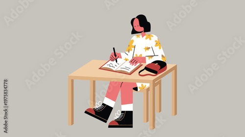 Focused Person Studying and Writing in a Notebook at a Desk, Modern Flat Style Illustration of Learning