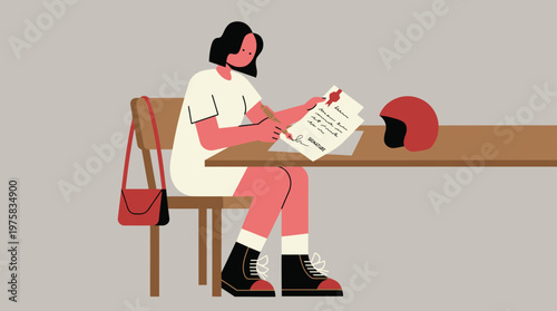Focused Young Woman Signing Official Document with Elegant Fountain Pen, Modern Flat Vector Illustration
