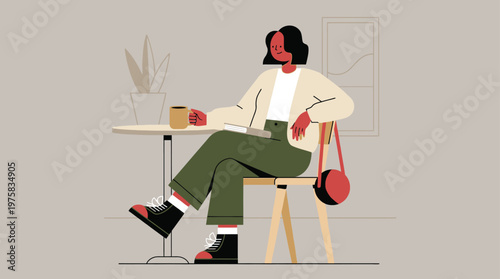 Minimalist Illustration of a Relaxed Woman Enjoying Coffee or Reading at a Cafe Table in Modern Flat Design Style