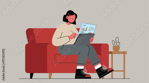 Young Woman Working Remotely from Home, Analyzing Business Data on a Digital Tablet while Sitting on a Comfortable Sofa