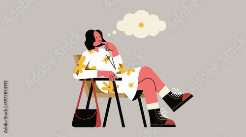 Thoughtful Woman Pondering Ideas While Sitting in a Chair, Expressing Creativity and Contemplation in Modern Flat Illustration