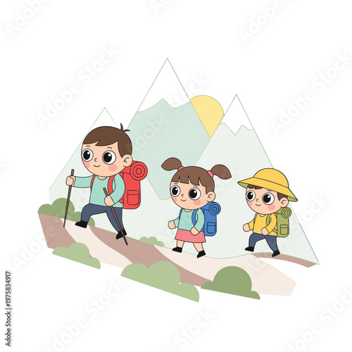 Three children hiking on mountain trail with backpacks and sun. Youth endurance mountain hike  