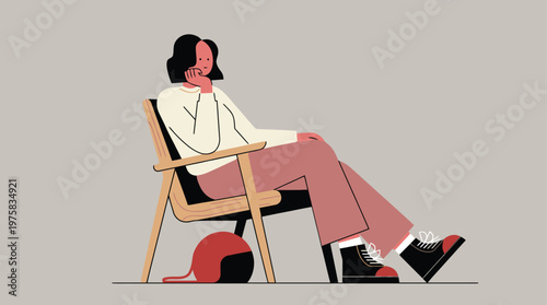Pensive Woman Relaxing in a Minimalist Illustration, Contemplating Thoughts During Quiet Leisure Time at Home