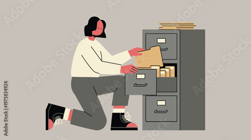 Dedicated Professional Organizes Files in Office Filing Cabinet: A Modern Flat Design Illustration for Business and Administration