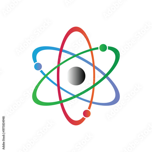 Abstract atomic structure with colorful orbiting electrons and central nucleus symbolizing science
