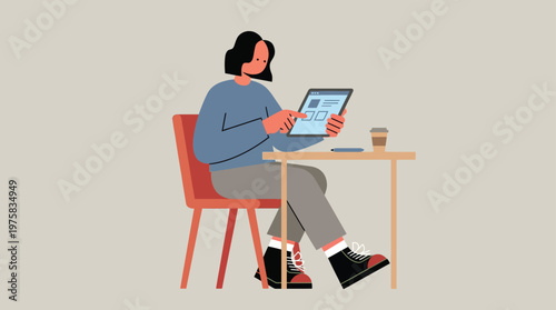 Young Woman Engaged in Digital Work on Tablet Device, Sipping Coffee at a Modern Desk Illustration