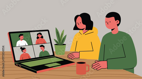 Couple engaged in a virtual video conference on a laptop from home, depicting remote work and modern communication.