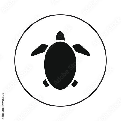 Simple black stylized sea turtle silhouette inside a circular outline isolated on white