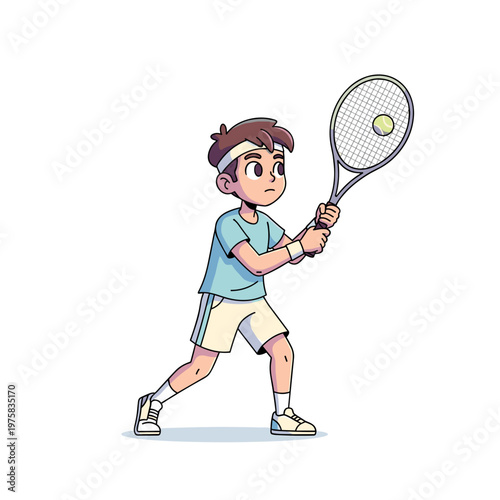 Young boy playing tennis with racket and ball in action pose. Youth tennis racket backhand  