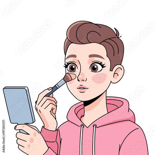 Adolescent applying concealer brush