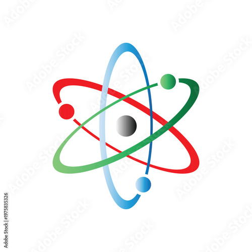 Stylized atom model with colorful orbiting electrons and central nucleus for science