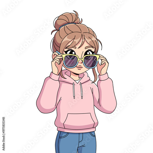 Adolescent girl trying on sunglasses while wearing a pink hoodie  