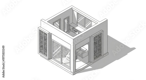 Isometric architectural rendering of a modern interior design with open space