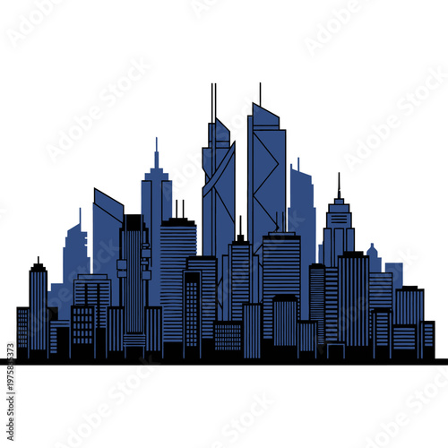 Modern City Skyline Silhouette with Blue Buildings and White Background