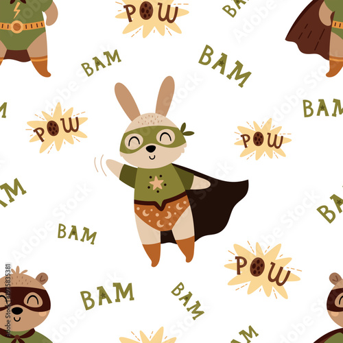 Superhero Seamless Pattern with Cute Animals in Costumes. Comic Background. Kids Vector Repeat Design.