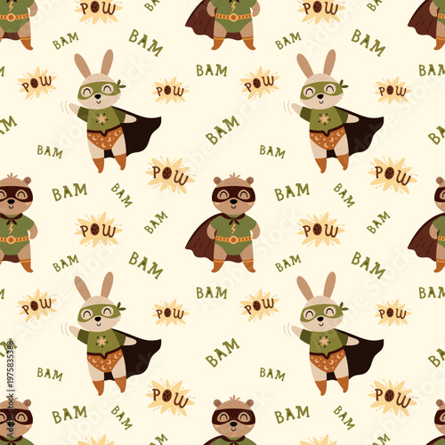 Superhero Seamless Pattern with Cute Animals in Costumes. Comic Background. Kids Vector Repeat Design.
