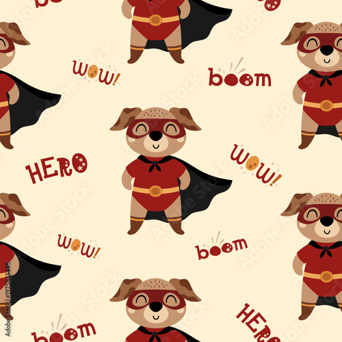 Superhero Dog Seamless Pattern. Comic Background. Cartoon Hero Animal Vector Repeat Design.