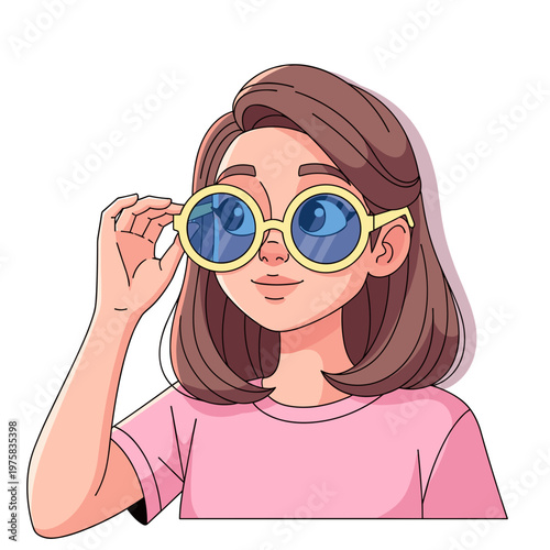 Adolescent girl trying on oversized sunglasses with a playful smile  