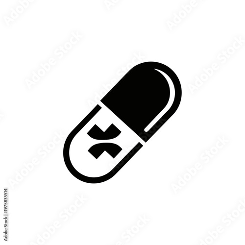 Black capsule icon with cross symbol, isolated on white background. Healthcare and medicine concept.