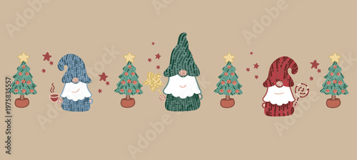 seamless pattern with christmas trees and gnomes