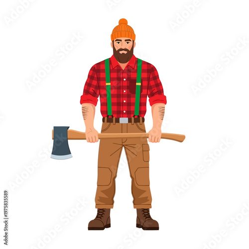 Lumberjack with Axe, Plaid Shirt, Beanie, Cartoon Style
