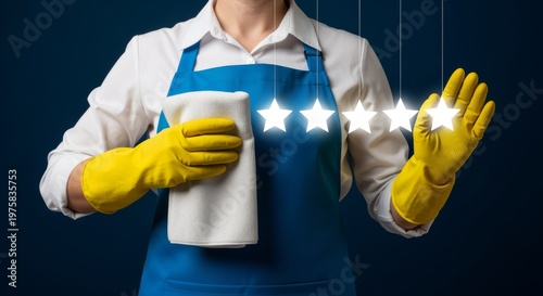 Professional cleaner in uniform displaying five-star service rating, symbolizing top-quality cleaning and customer satisfaction