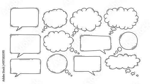 Idea Bubbles: A collection of various hand-drawn speech bubbles and thought bubbles. Expressing creativity and communication