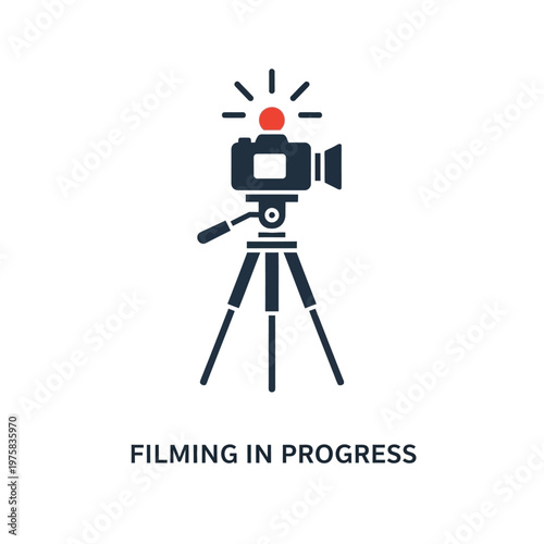 Filming in progress icon: video camera on tripod with red light